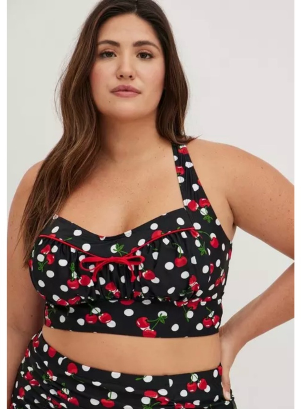 Torrid Retro Chic Polka Dot Cherry Print Corset Bikini Top Beach Black 1X